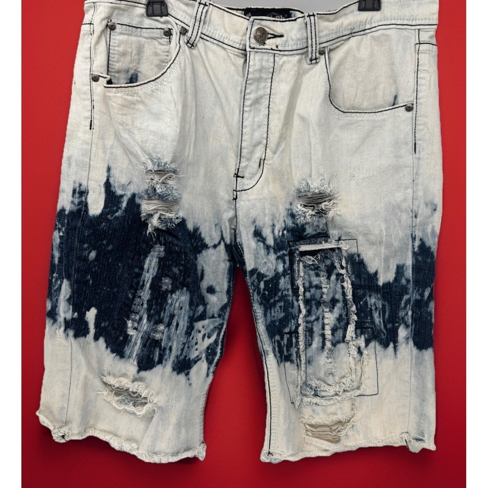 Royal Blue Men's 36 Blue/White Tie-Dye Distressed Stretch Denim Shorts 5-Pocket